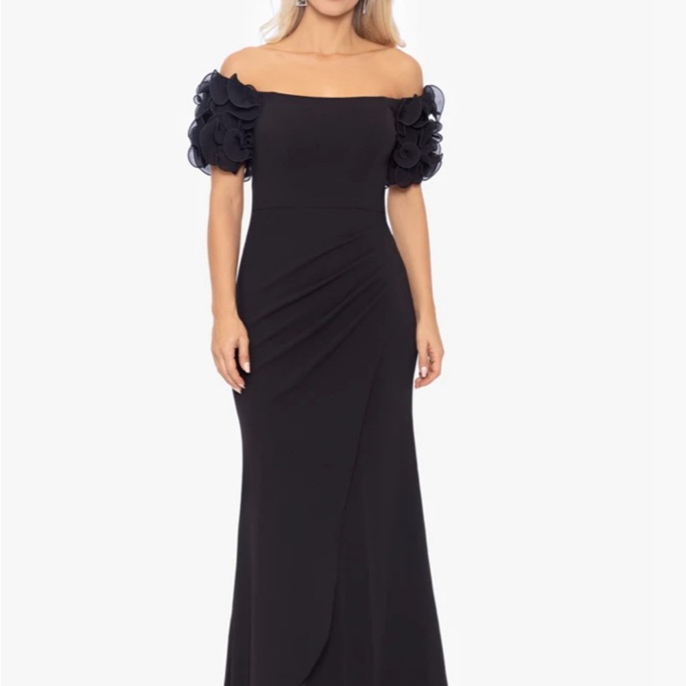 Xscape Strapless Black Gown with Floral Sleeves